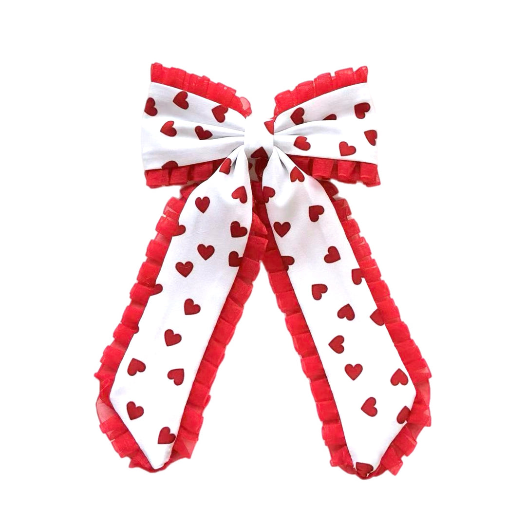 Red Ruffle Red Heart Long Tail Hair Tied Bow w/ Clip