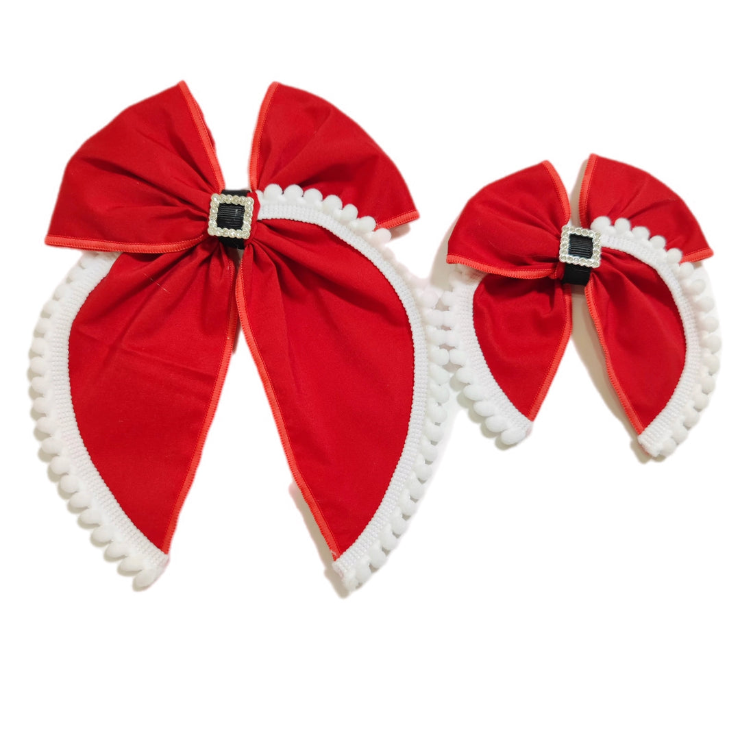 Red Santa Buckle Pom Pom Bows TIED With Clip