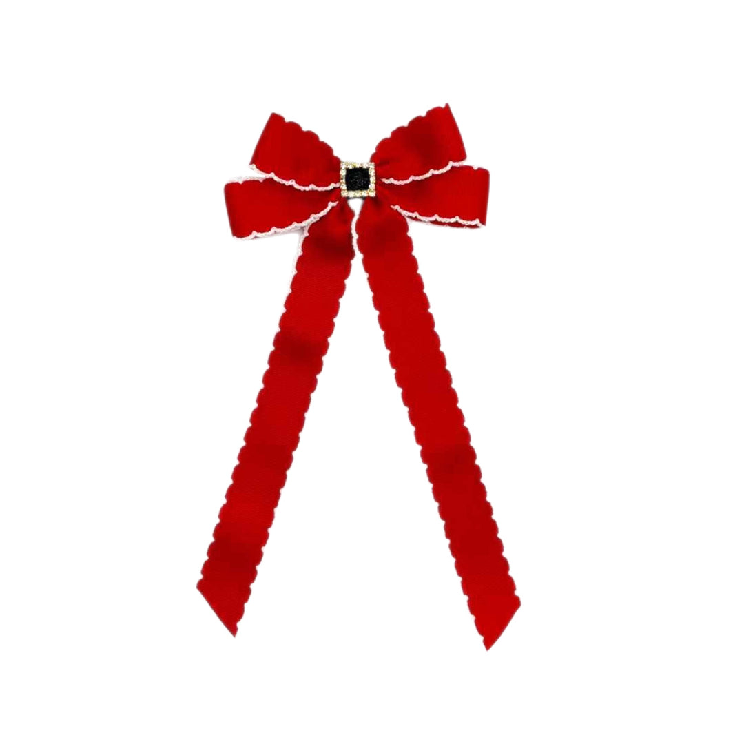 Red Scalloped Trim Santa Buckle Ribbon Bow w/Clip