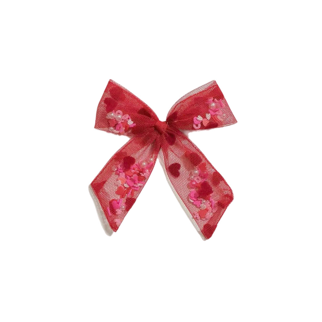 Red Tulle Red Hearts Pinwheel Shaker Bow With Clip