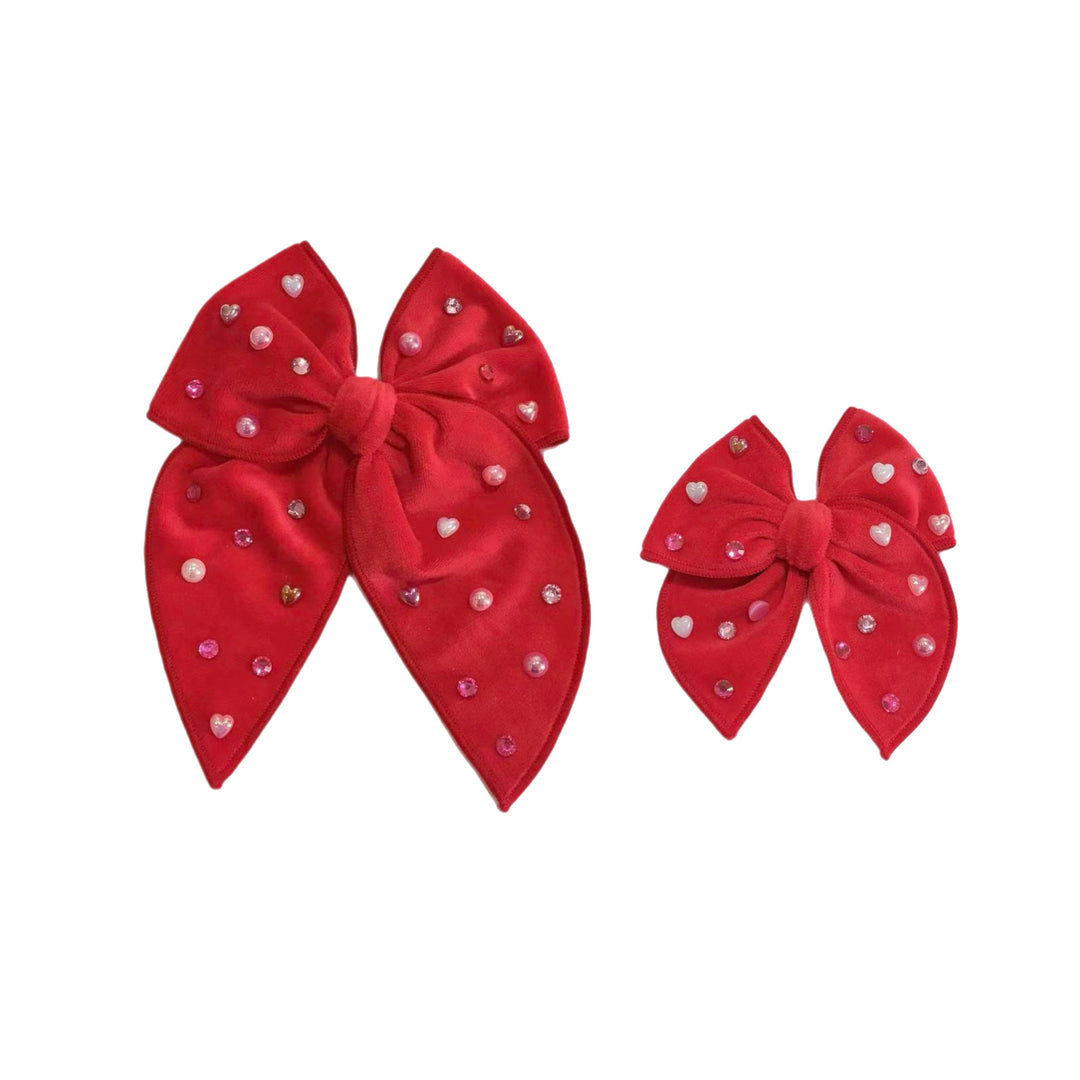 Red Velvet Pearl & Rhinestone Serged Edge Bow w Clip