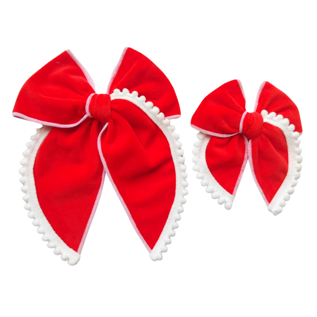 Red Velvet Snowball Trim Hair Bow w/Clip