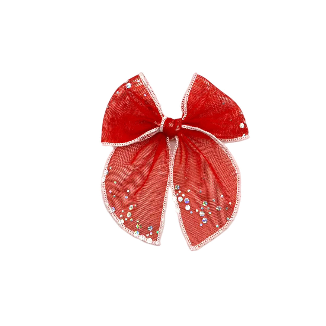 Red Hint of Sparkle Tulle Bow TIED With Clip