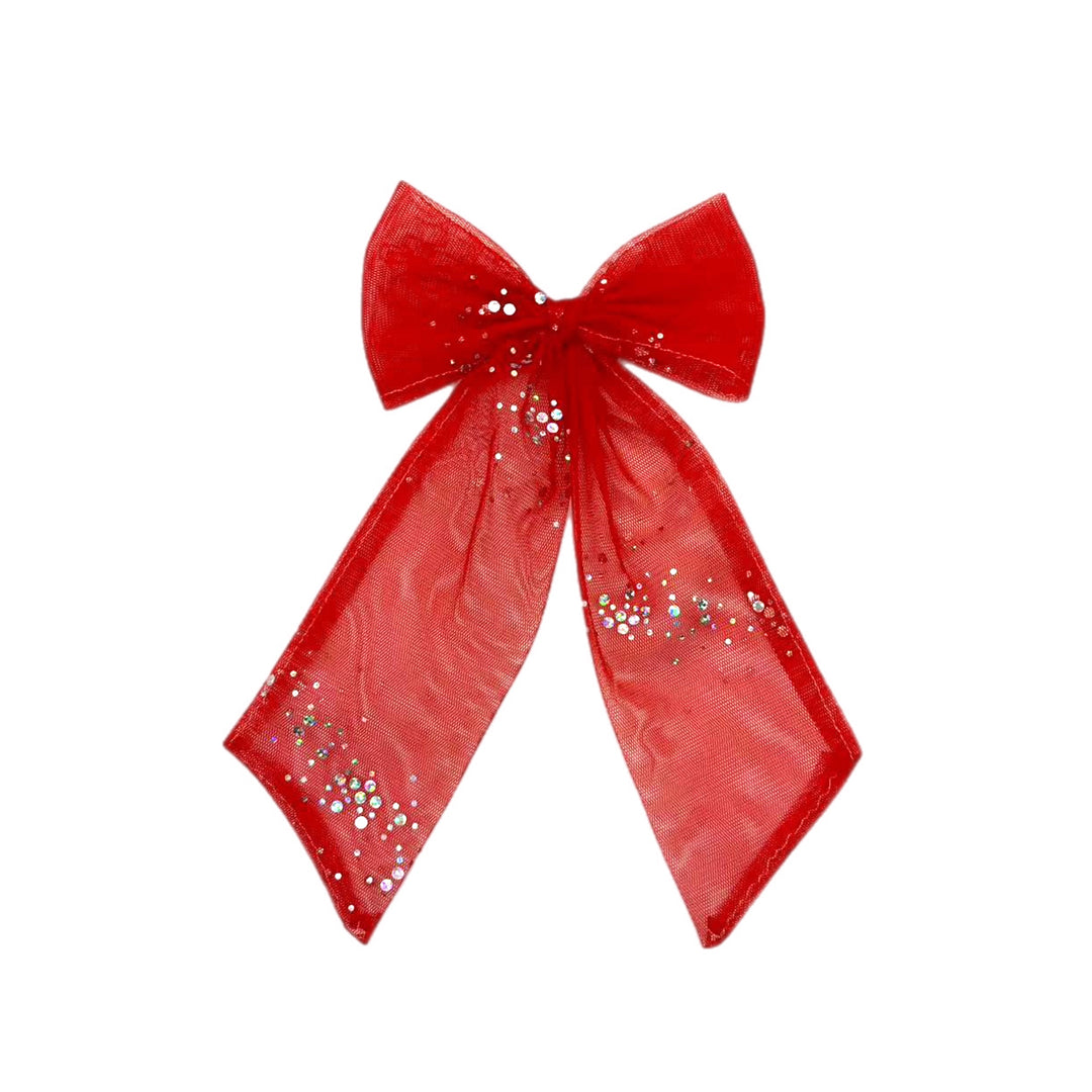 Red Hint of Sparkle Tulle Long Tail Bow TIED With Clip