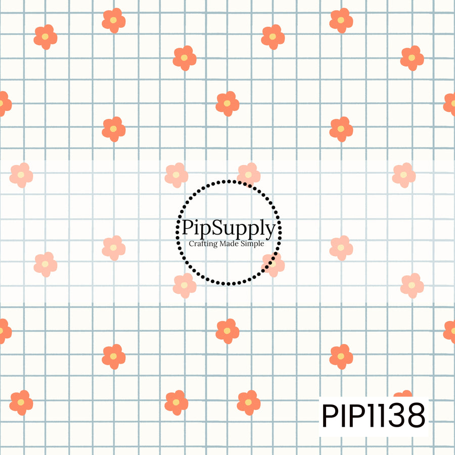 A playful retro pattern featuring coral-orange flowers with sunny yellow centers scattered across a hand-drawn powder-blue grid on a warm ivory background.
