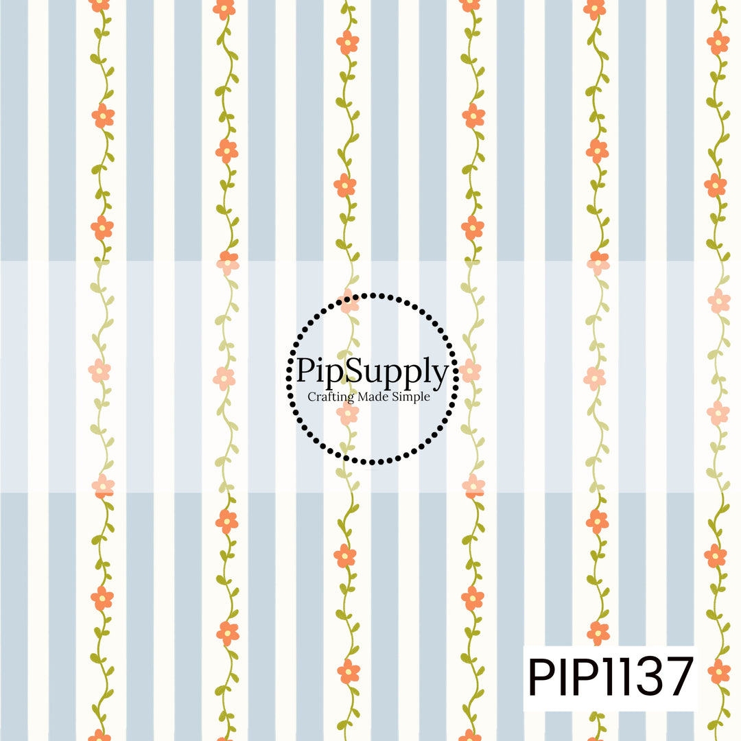 A charming hand-drawn pattern featuring delicate coral flower vines climbing between soft blue and cream vertical stripes. The fresh palette and simple botanical details create a sweet, vintage cottage feel.
