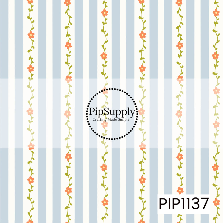 A charming hand-drawn pattern featuring delicate coral flower vines climbing between soft blue and cream vertical stripes. The fresh palette and simple botanical details create a sweet, vintage cottage feel.
