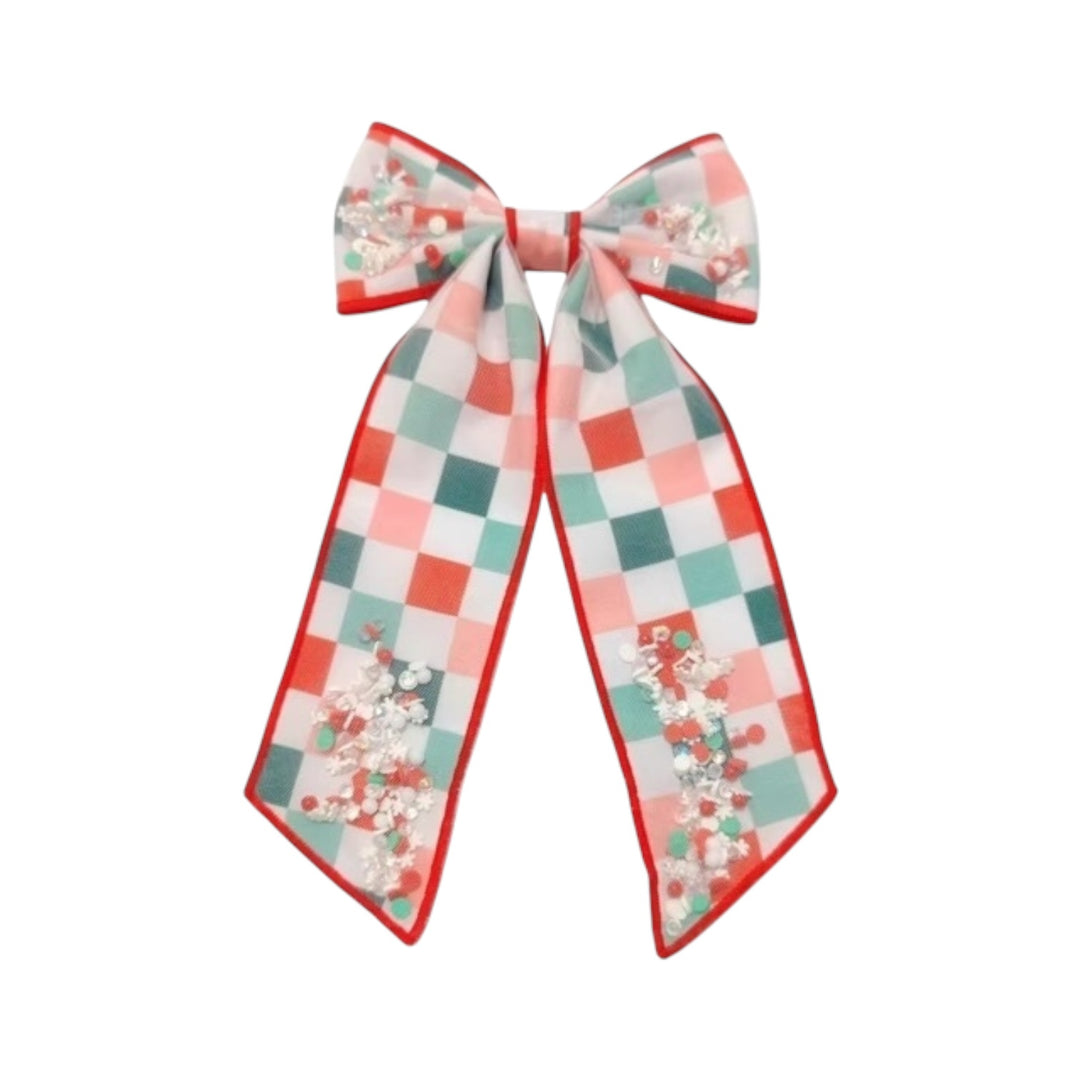 Red & Green Checkered Pattern Long Tail Shaker Hair Bow w/ Clip