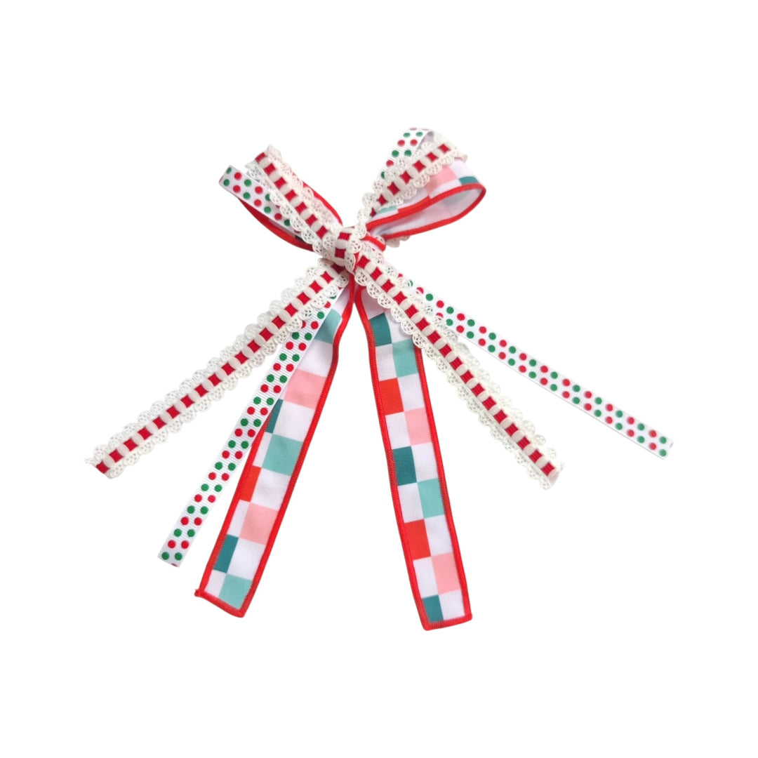 Red & Green Checkered Ribbon Hair Tied Bow w/ Clip