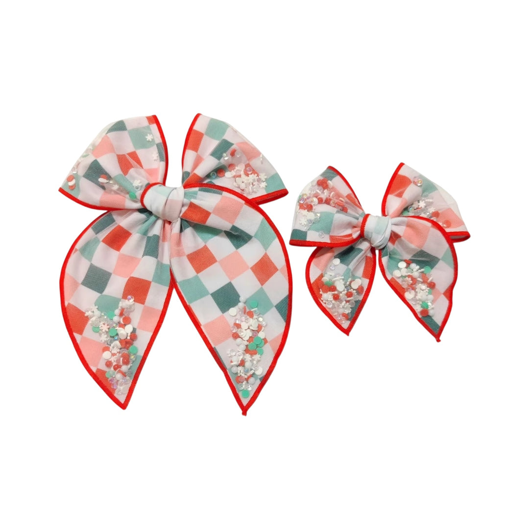 Red & Green Checkered SAILOR Shaker Hair Bow w/ Clip
