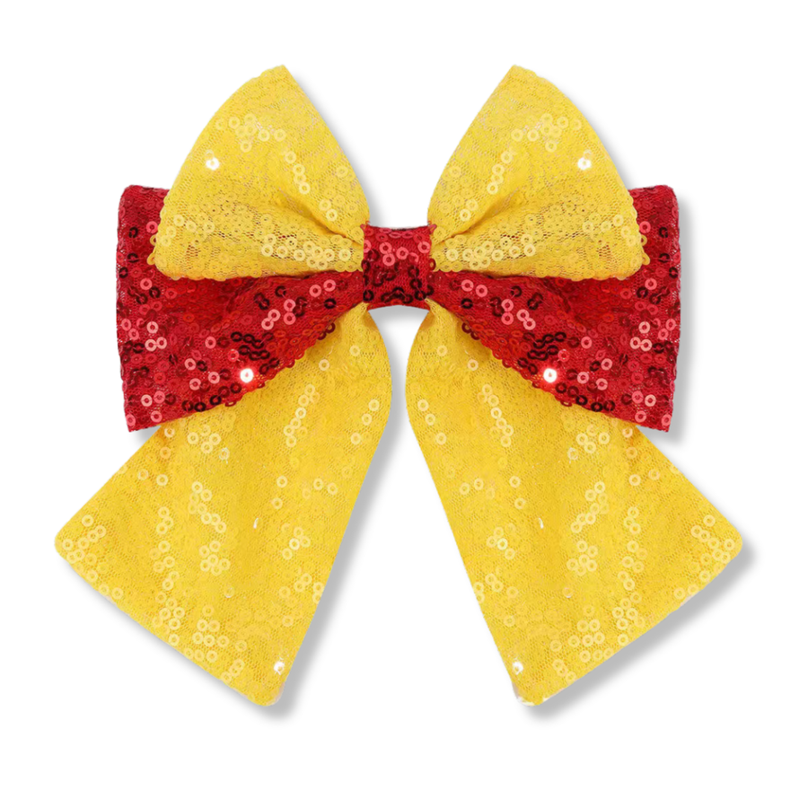 A sparkling sequin bow featuring bright yellow sequins on the top loops and tails, accented with a bold red sequin layer across the center. The vibrant color combination creates striking contrast, while the shimmering sequins catch the light beautifully for a fun, eye-catching look. Perfect for adding cheerful color, sparkle, and playful charm to any hairstyle. 
SIZE: 5"X 6"