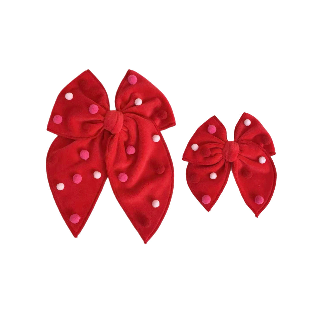 Red Velvet Pom Pom Serged Edge Bow w/Clip