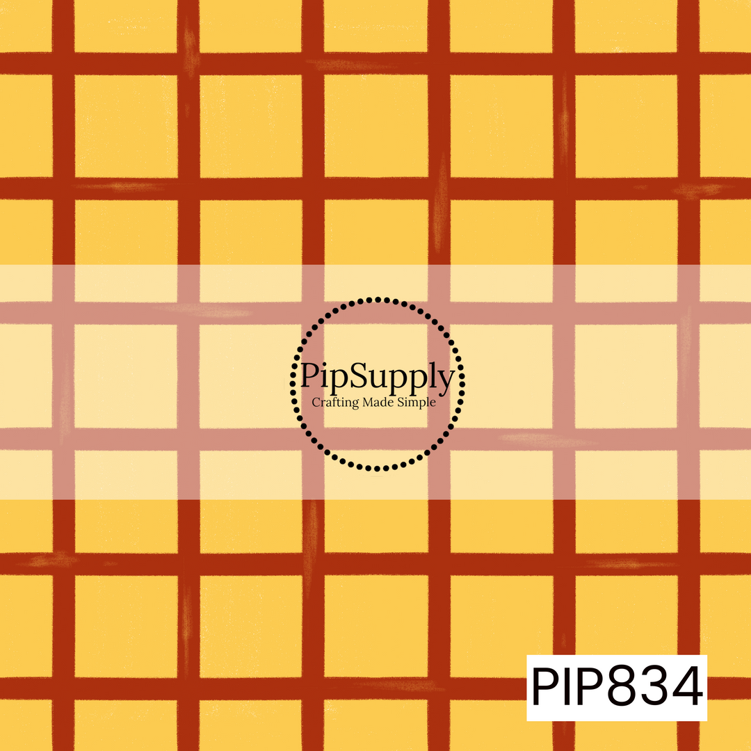 Warm golden-yellow background featuring a hand-painted plaid pattern created with textured rust-red brushstroke lines. The grid forms large squares with an organic, slightly imperfect look that adds a handcrafted feel. The rich yellow and red color palette creates a cozy western-inspired design with a playful, vintage charm.
