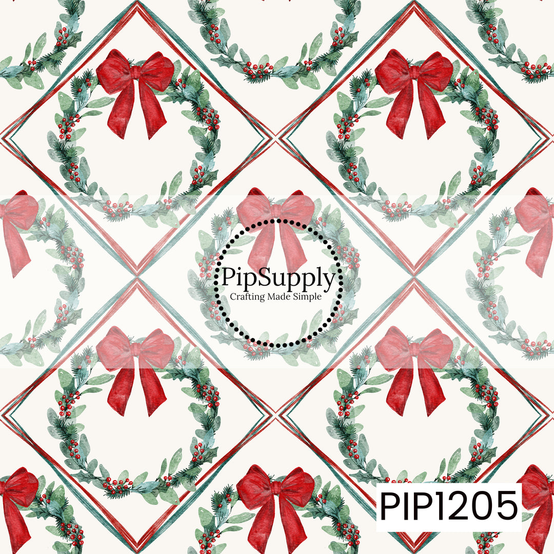 A festive watercolor pattern featuring lush greenery wreaths decorated with bright red berries and topped with oversized red bows. Each wreath is framed within a repeating diamond design outlined in classic red and deep green, all set against a soft cream background.
