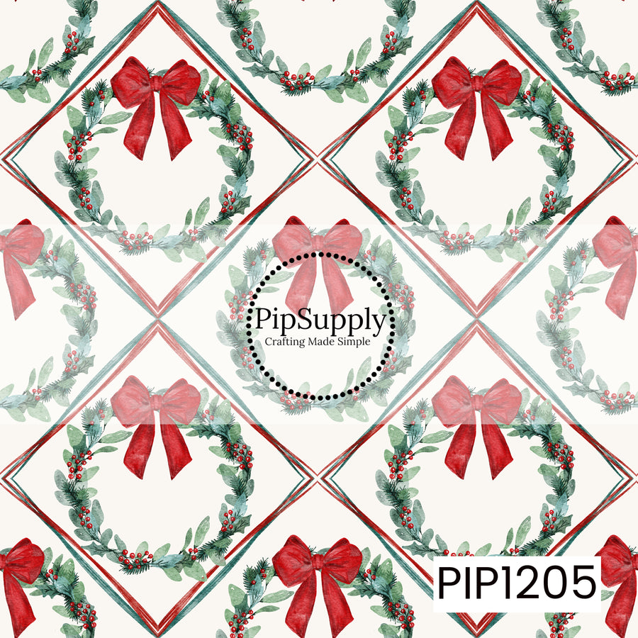 A festive watercolor pattern featuring lush greenery wreaths decorated with bright red berries and topped with oversized red bows. Each wreath is framed within a repeating diamond design outlined in classic red and deep green, all set against a soft cream background.
