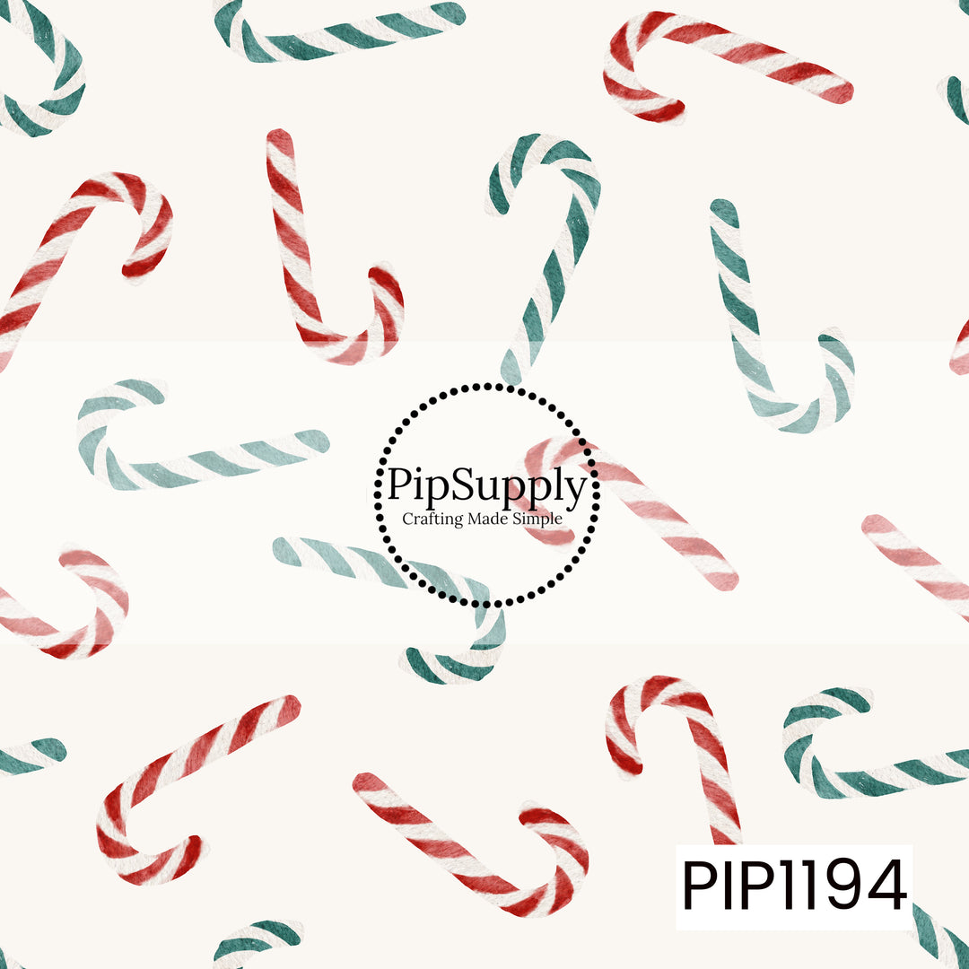 A festive watercolor pattern featuring classic candy canes in red and white and deep green and white stripes. The candy canes are scattered in different directions across a soft cream background, creating a simple, vintage-inspired Christmas design.
