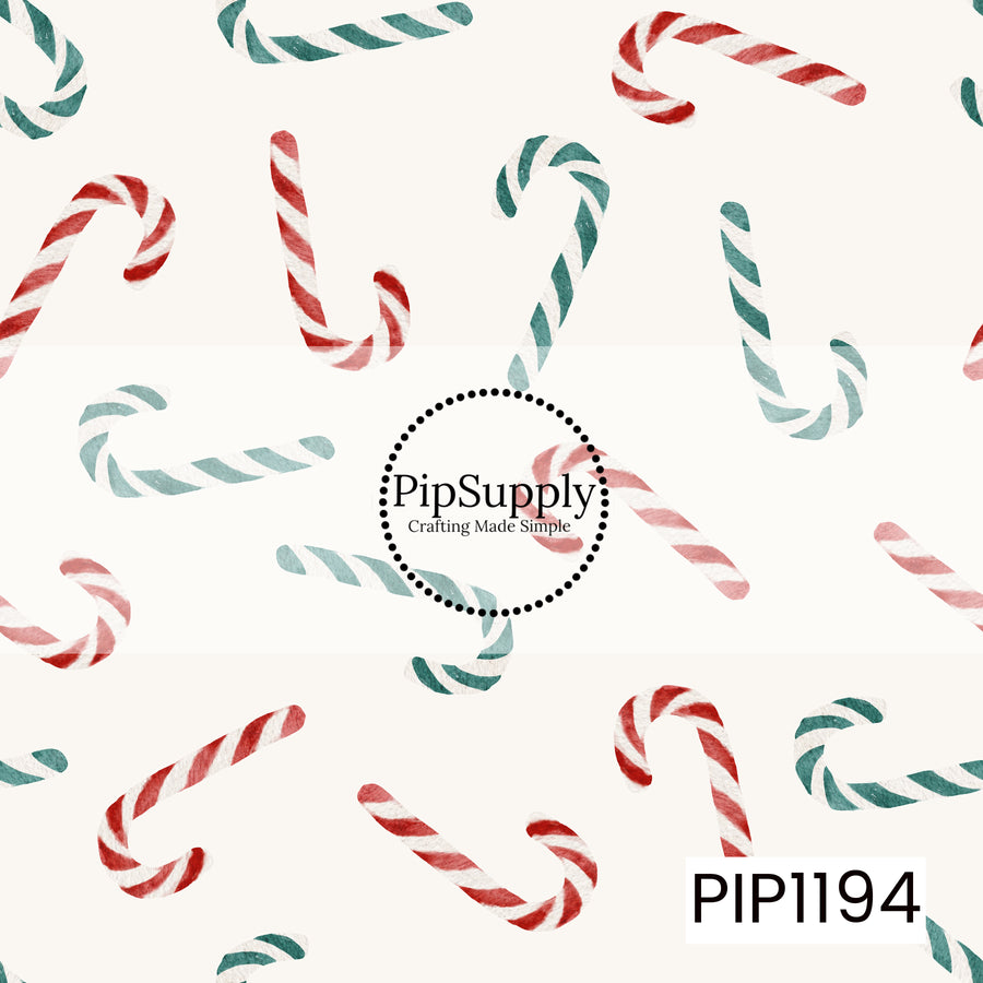 A festive watercolor pattern featuring classic candy canes in red and white and deep green and white stripes. The candy canes are scattered in different directions across a soft cream background, creating a simple, vintage-inspired Christmas design.
