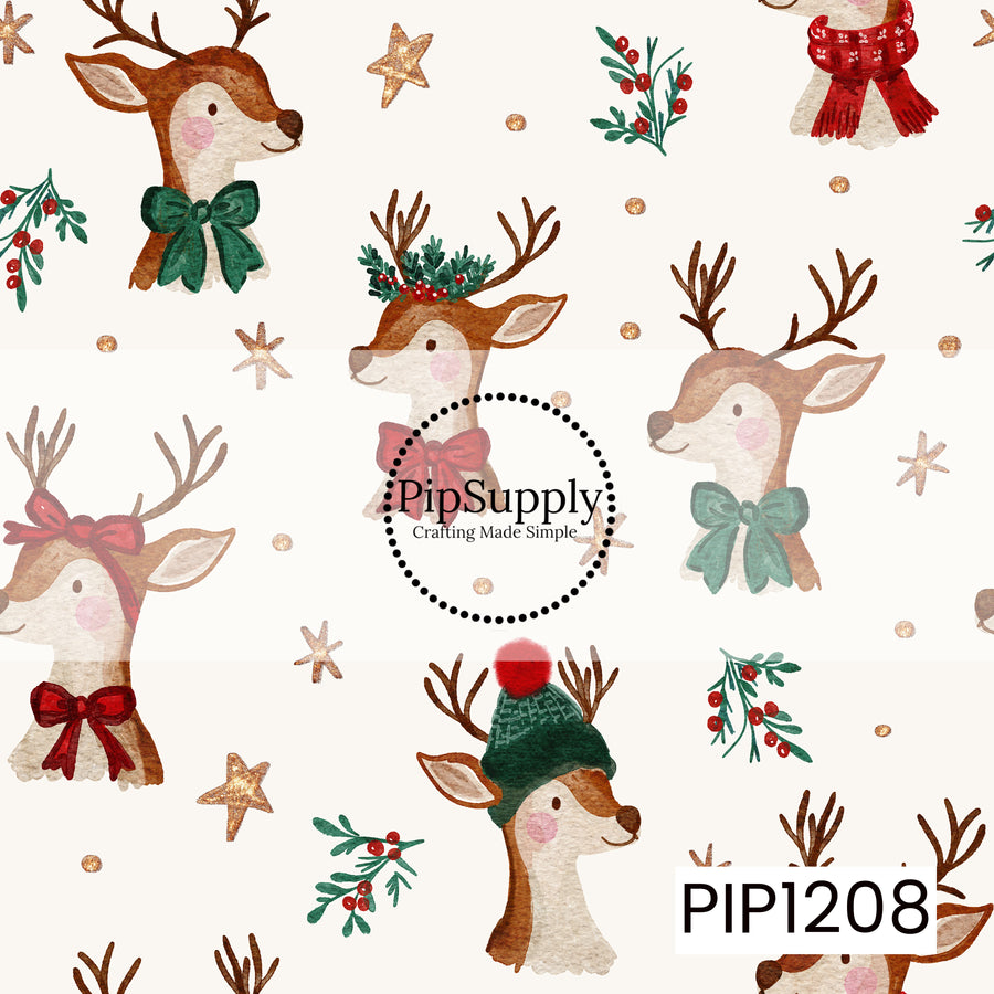A whimsical watercolor Christmas pattern featuring sweet reindeer dressed in festive bows, scarves, greenery, and a cozy winter hat. Sprigs of red berries, golden stars, snowflakes, and tiny gold dots are scattered throughout the warm cream background.
