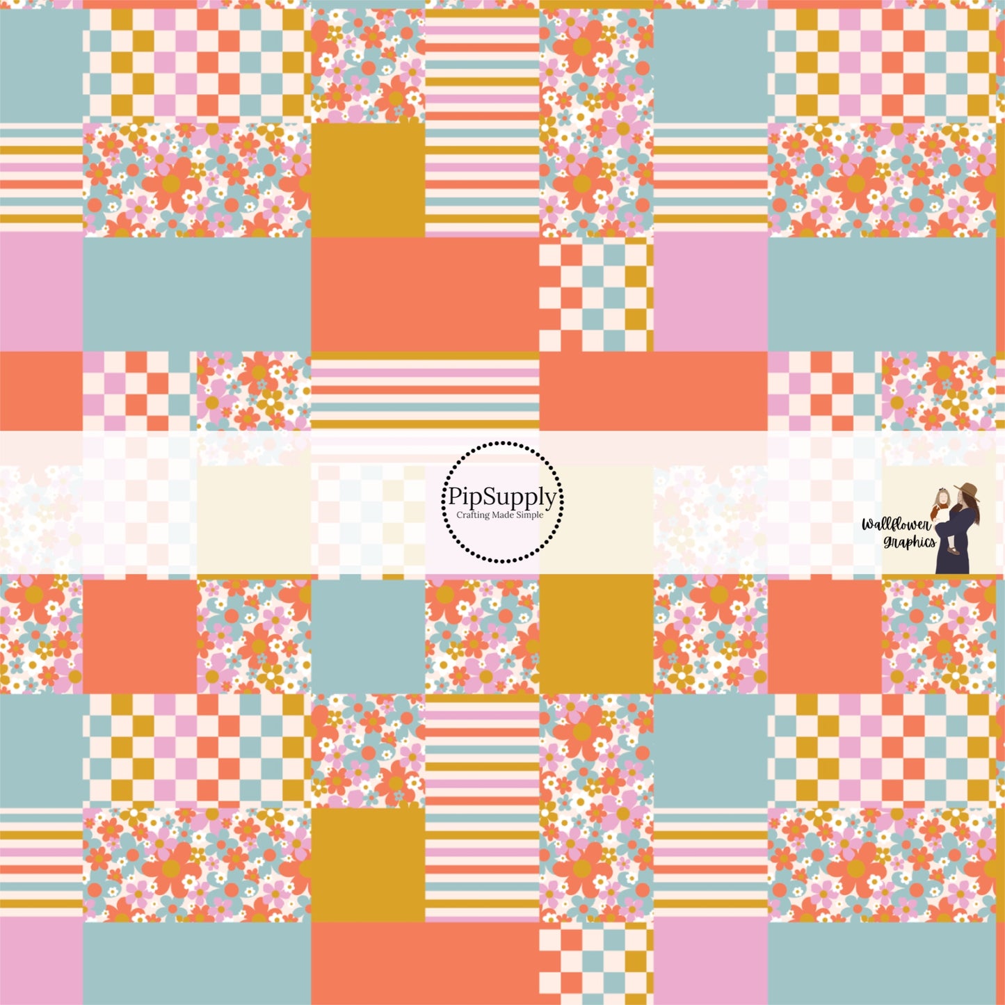 Green, blue, pink, and coral floral and checker print patchwork fabric by the yard.