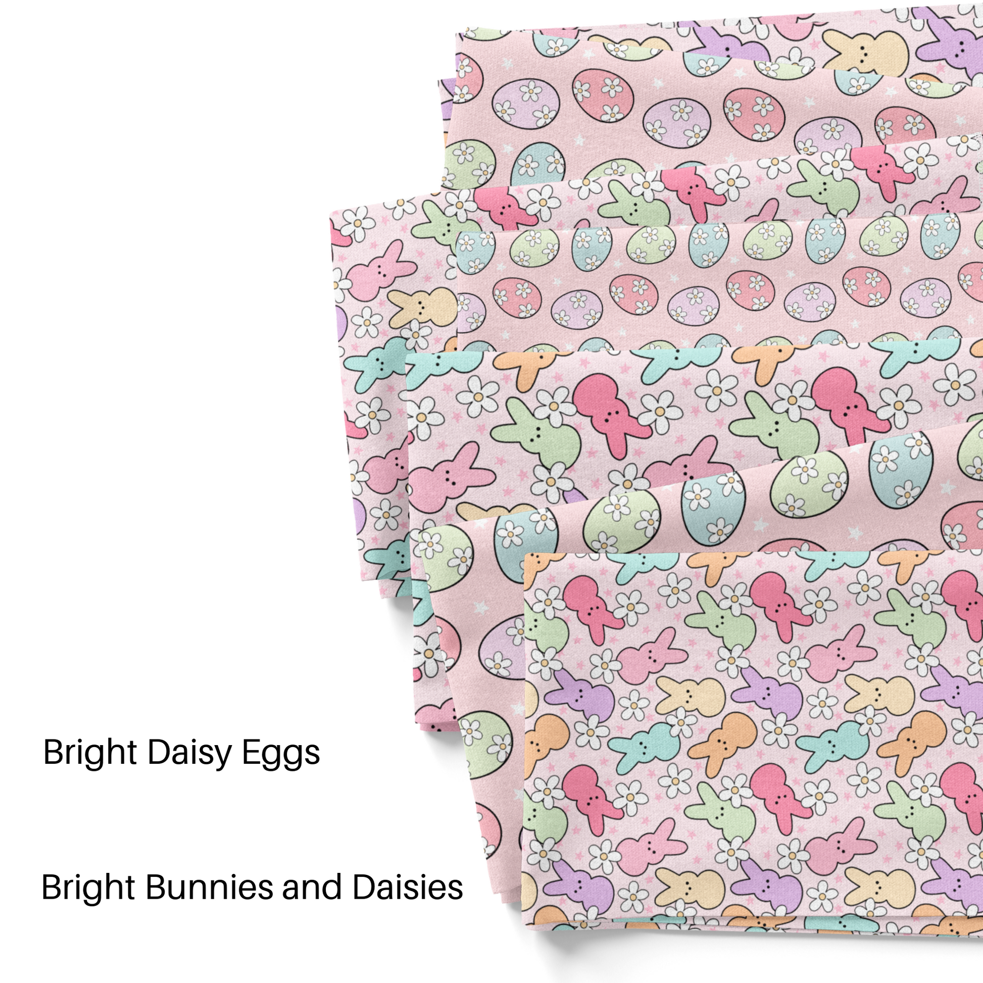 Multi-colored bunnies, eggs, florals, and stars on pink fabric by the yard swatches.