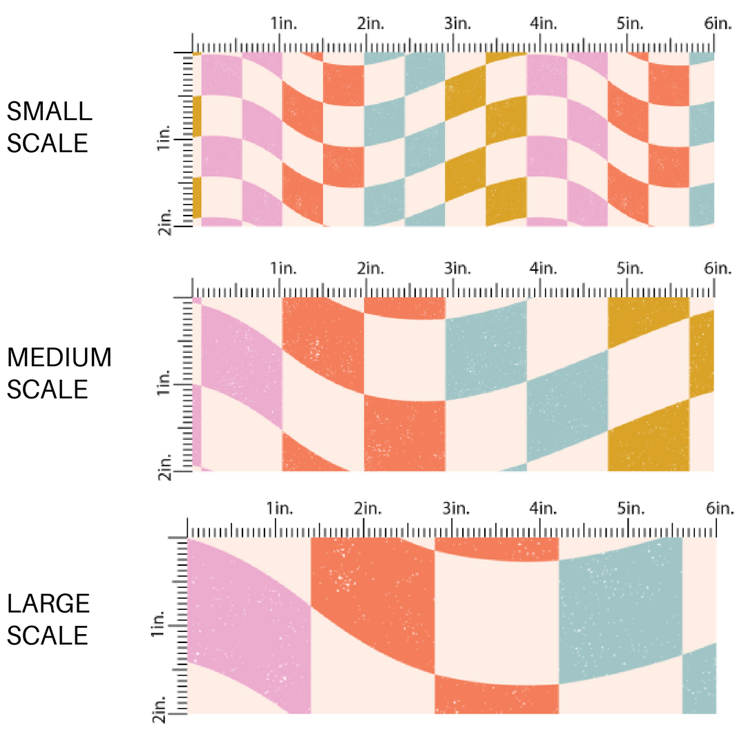 Pink, blue, green, and red wavy checkered fabric by the yard scaled image guide.