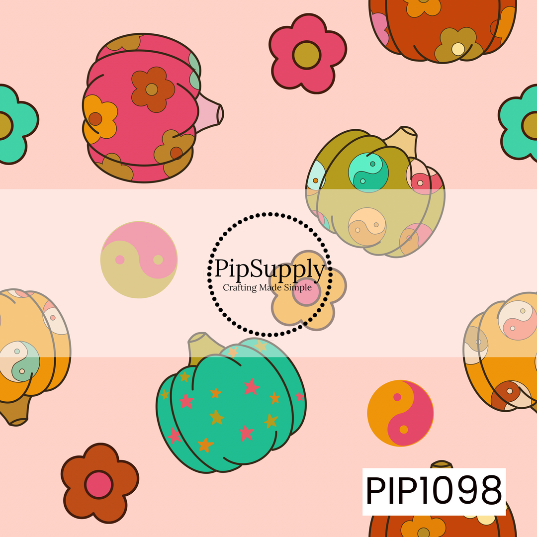 A cheerful seamless pattern featuring colorful retro-style pumpkins decorated with flowers, stars, and yin-yang designs on a soft blush pink background. Bright floral accents and playful 70s-inspired colors give this design a fun, whimsical autumn vibe.
