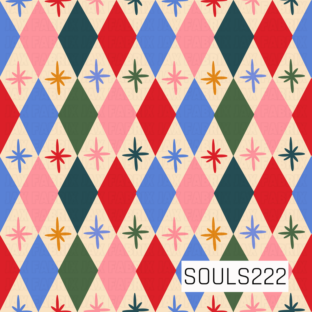 A retro harlequin pattern featuring oversized diamonds in bright red, bubblegum pink, periwinkle blue, deep teal, and olive green against a warm cream background. Colorful mid-century inspired starbursts are scattered between the diamonds in coordinating shades of red, pink, blue, green, and golden orange, giving the design a playful vintage holiday feel.