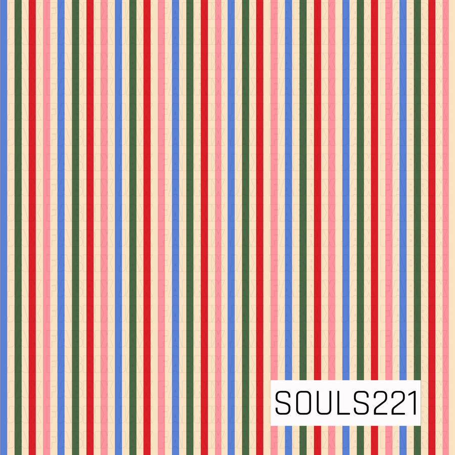 A retro-inspired vertical stripe pattern featuring alternating bands of bright red, bubblegum pink, forest green, periwinkle blue, and warm cream. The stripes vary in width, with slim cream accent lines layered alongside the bolder colors for added dimension. The playful vintage color palette gives the design a cheerful, nostalgic feel.