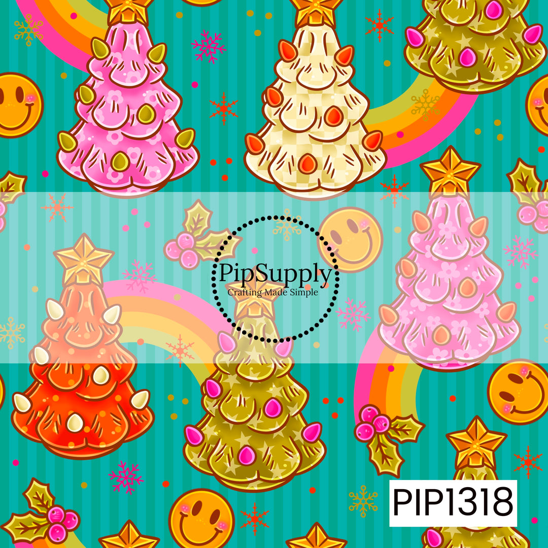 A funky retro Christmas pattern featuring colorful decorated trees in pink, orange, cream, and olive green, each topped with a golden star. Bright rainbows, smiley faces, holly berries, snowflakes, and scattered confetti pop against a teal striped background for a bold, playful holiday look.
