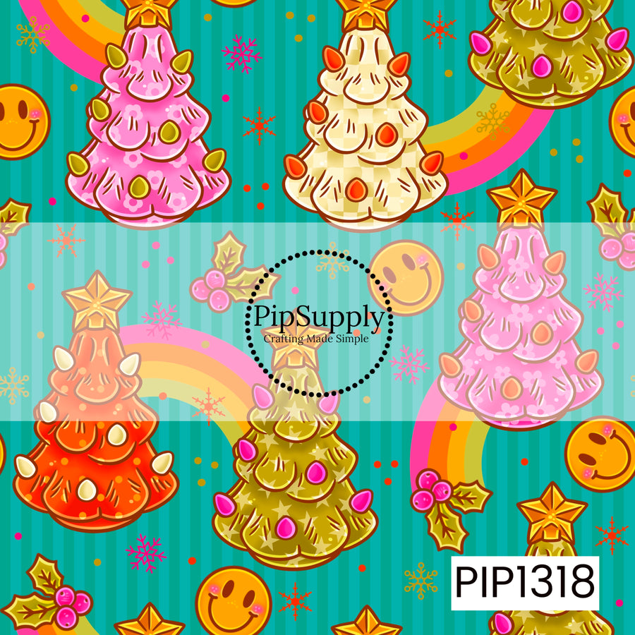 A funky retro Christmas pattern featuring colorful decorated trees in pink, orange, cream, and olive green, each topped with a golden star. Bright rainbows, smiley faces, holly berries, snowflakes, and scattered confetti pop against a teal striped background for a bold, playful holiday look.