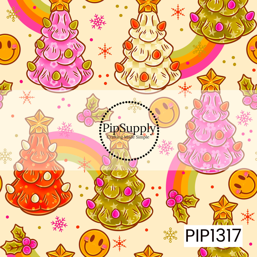 A funky retro Christmas pattern featuring colorful decorated trees topped with golden stars in shades of pink, orange, cream, and olive green. Bright rainbows, smiley faces, holly berries, snowflakes, and playful confetti accents are scattered throughout a warm cream background for a cheerful vintage-inspired holiday look.