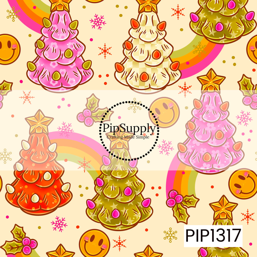A funky retro Christmas pattern featuring colorful decorated trees topped with golden stars in shades of pink, orange, cream, and olive green. Bright rainbows, smiley faces, holly berries, snowflakes, and playful confetti accents are scattered throughout a warm cream background for a cheerful vintage-inspired holiday look.
