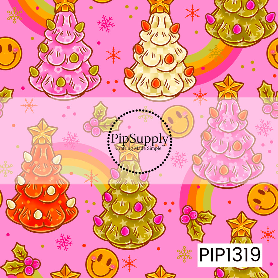 A bright retro Christmas pattern featuring whimsical decorated trees in pink, orange, cream, and olive green, each topped with a golden star. Colorful rainbows, smiley faces, holly berries, snowflakes, and scattered dots fill the vibrant pink background for a playful, groovy holiday feel.