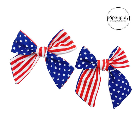 These patriotic reversible star and stripe tied long ruth hair bows are ready to package and resell to your customers - no sewing or measuring necessary! These come pre-tied, and they can be tied multiple ways making the tails longer or shorter based on your preference. This reversible bow is perfect for all hair styles for kids and adults.