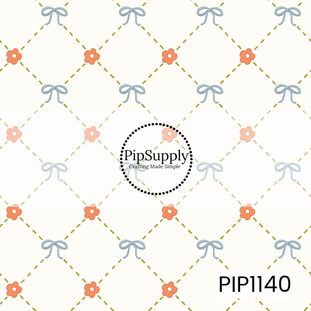 A playful diamond lattice formed by bold olive-green dashed lines, alternating soft blue bows and coral flowers on a warm ivory background.
