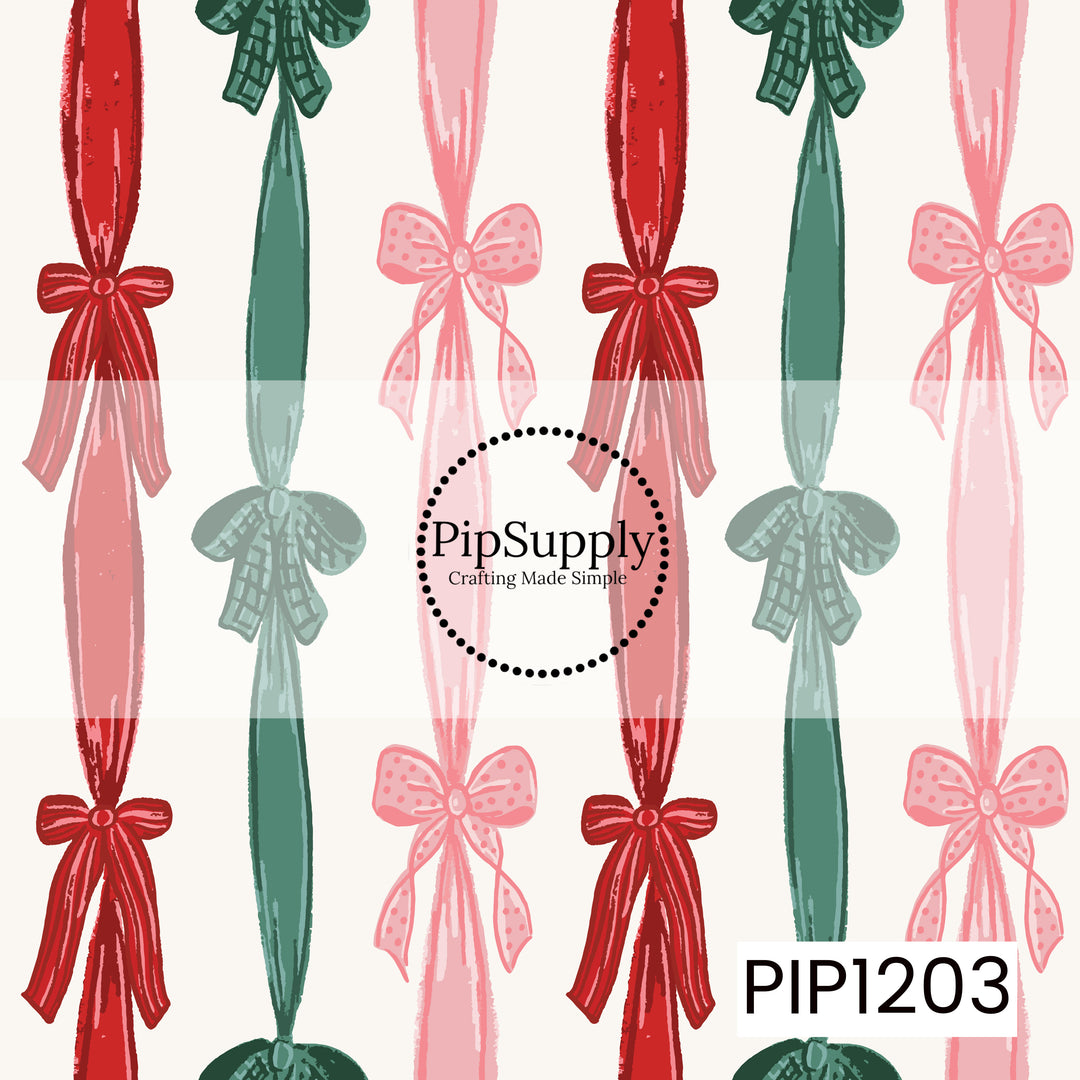 A festive bow pattern featuring long, flowing ribbon designs in classic Christmas shades of red, soft pink, and deep green. Each ribbon is finished with a charming hand-drawn bow, creating an elegant yet playful holiday look against a warm cream background.
