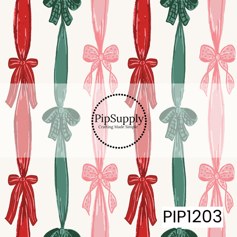 A festive bow pattern featuring long, flowing ribbon designs in classic Christmas shades of red, soft pink, and deep green. Each ribbon is finished with a charming hand-drawn bow, creating an elegant yet playful holiday look against a warm cream background.

