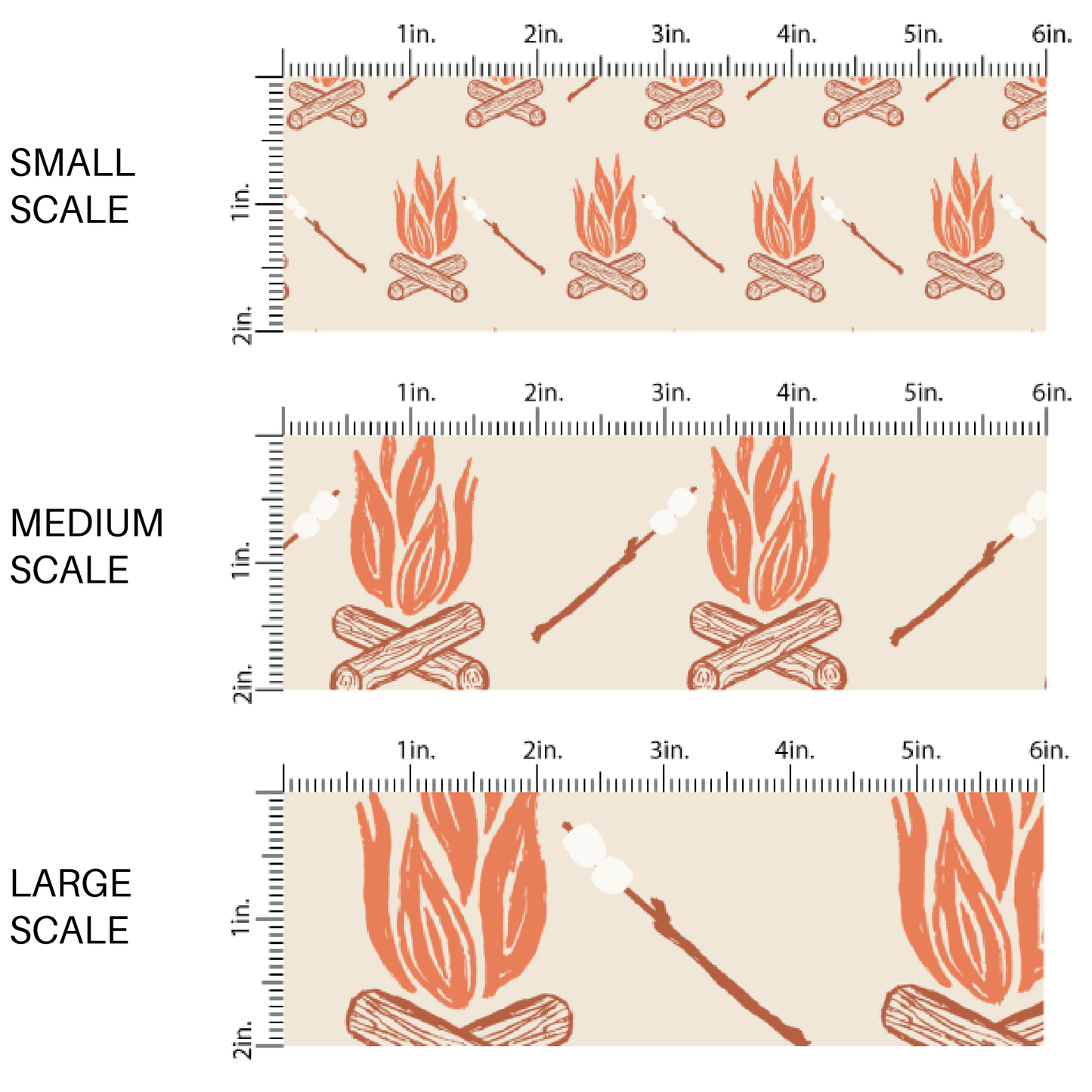 This scale chart of small scale, medium scale, and large scale of these fall themed fabric by the yard features roasting marshmallows over the campfire on cream. This fun autumn themed fabric can be used for all your sewing and crafting needs!