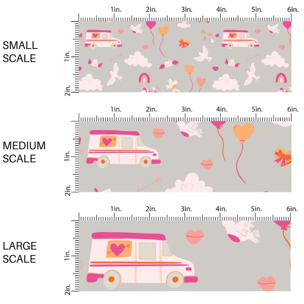 This scale chart of small scale, medium scale, and large scale of these Valentine's pattern themed fabric by the yard features heart shaped balloons, clouds, rainbows, and birds. This fun Valentine's Day fabric can be used for all your sewing and crafting needs! 