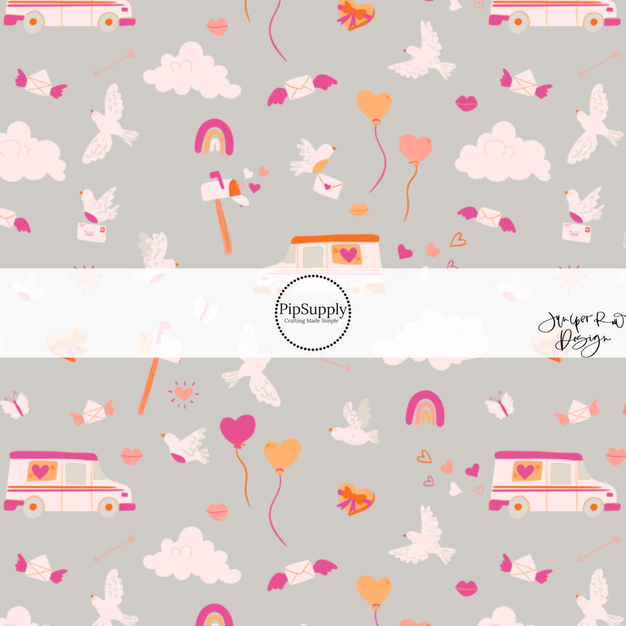 These Valentine's pattern themed fabric by the yard features heart shaped balloons, clouds, rainbows, and birds. This fun Valentine's Day fabric can be used for all your sewing and crafting needs! 