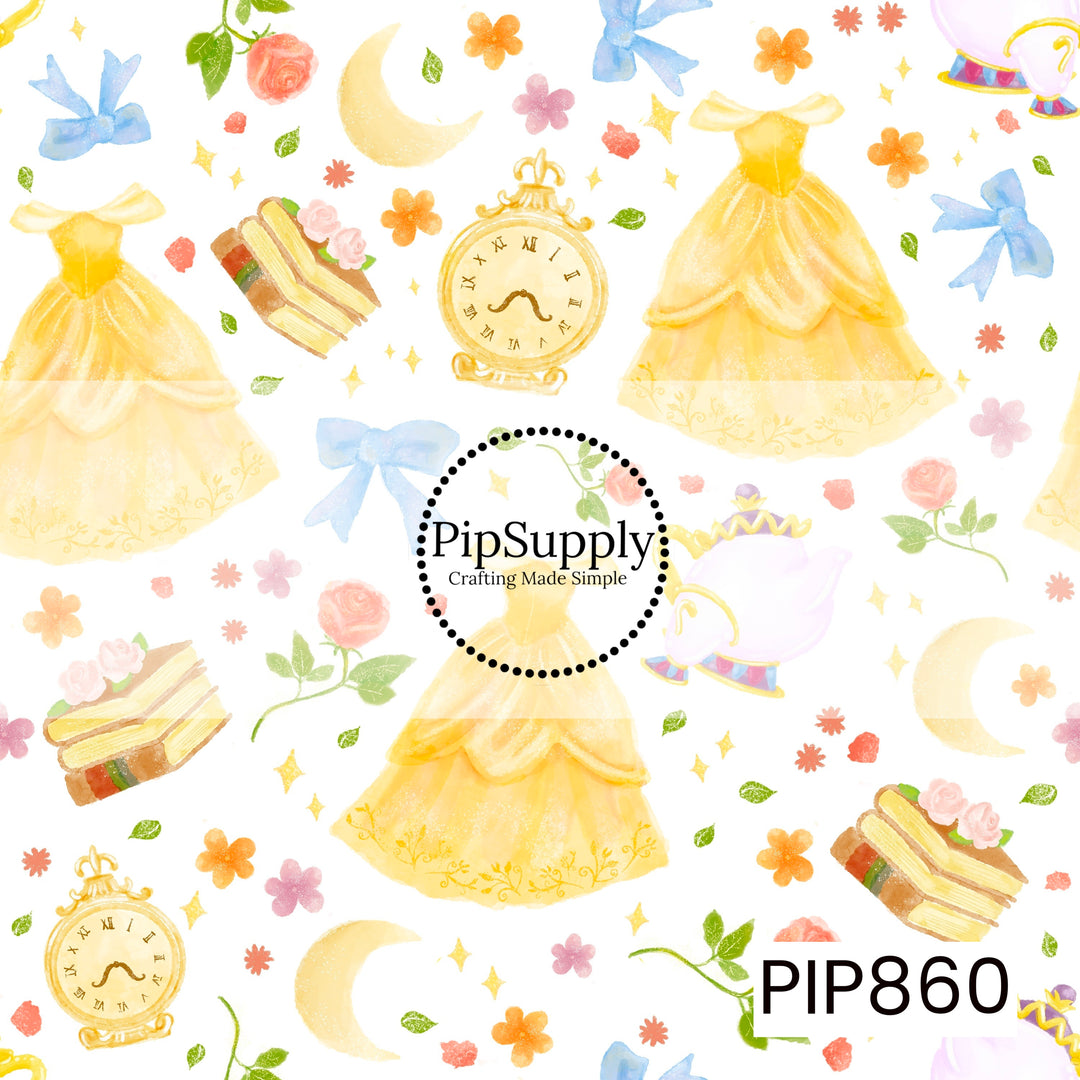 This charming watercolor design features elegant golden ball gowns surrounded by storybook-inspired details, including enchanted roses, pocket watches, teacups, blue bows, layered cake slices, crescent moons, and delicate flowers. Soft shades of yellow, blue, pink, and gold create a warm and whimsical fairytale aesthetic, capturing the magic, romance, and enchantment of a beloved tale.
