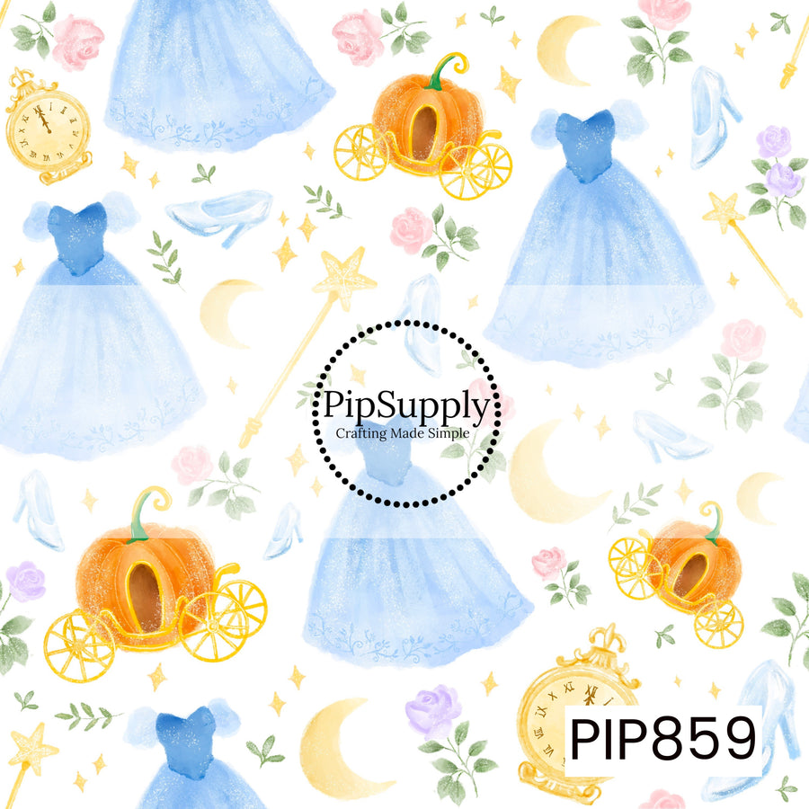 This enchanting watercolor design features elegant blue ball gowns surrounded by magical fairytale elements, including pumpkin carriages, glass slippers, pocket watches, star-tipped wands, crescent moons, and delicate roses. Soft shades of blue, gold, pink, and lavender create a dreamy storybook aesthetic, capturing the wonder and romance of a magical night at the royal ball.
