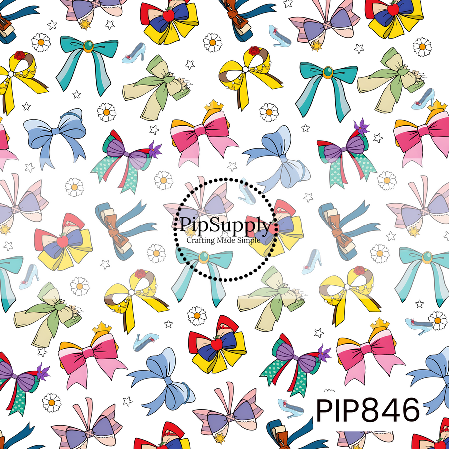 Black background featuring a scattered pattern of decorative bows, ribbons, flowers, and elegant accessories in a variety of vibrant colors. The design includes bows in shades of pink, blue, yellow, green, purple, teal, red, and white, accented with crowns, roses, pearls, and delicate details. Small white daisies, stars, and shoes are sprinkled throughout, adding extra charm and whimsy. The bold black backdrop makes the colorful motifs stand out, creating a playful, magical, and storybook-inspired aesthetic