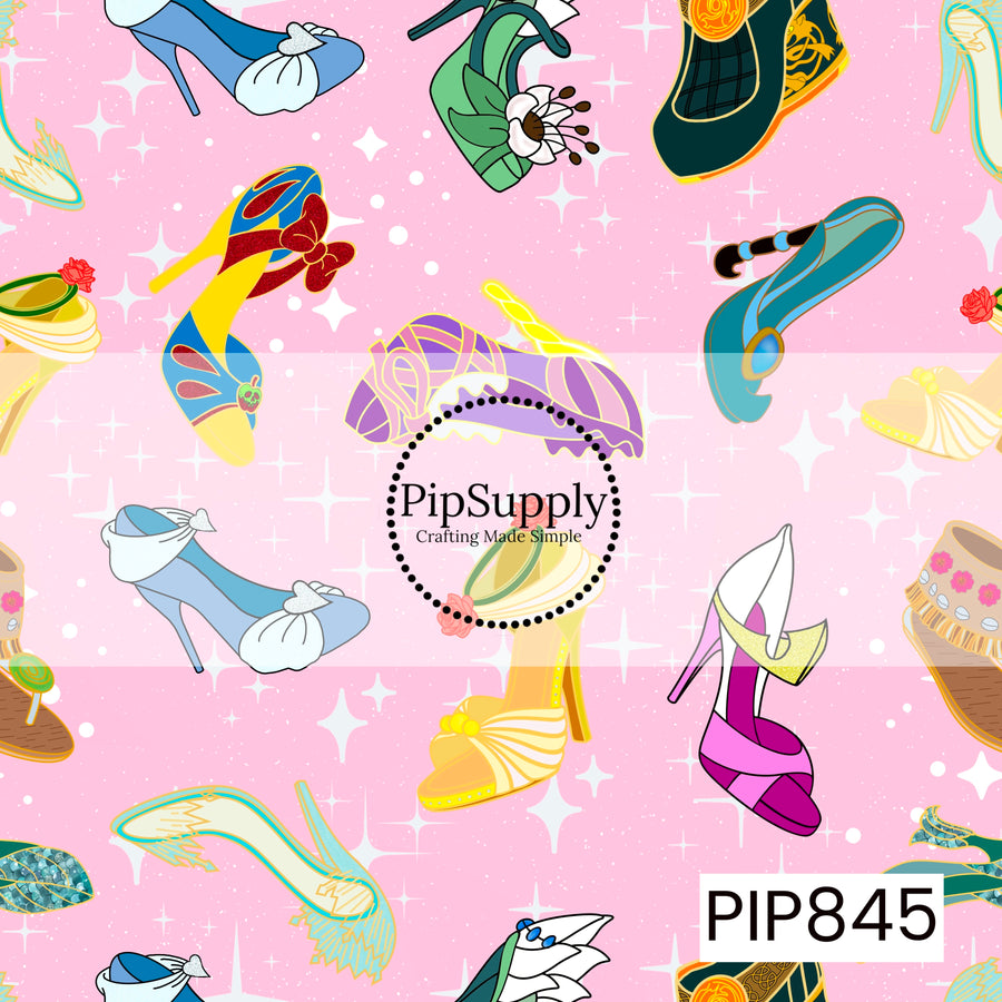 Soft pink background featuring a scattered pattern of elegant fairytale-inspired shoes in a variety of styles and colors. The design includes heels and slippers in shades of blue, yellow, pink, green, teal, purple, gold, and cream, accented with bows, florals, gemstones, glitter details, and ornate embellishments. White sparkles and twinkling stars are scattered throughout, adding a magical touch. The vibrant color palette and whimsical footwear motifs create a charming, playful, and enchanting aesthetic.

