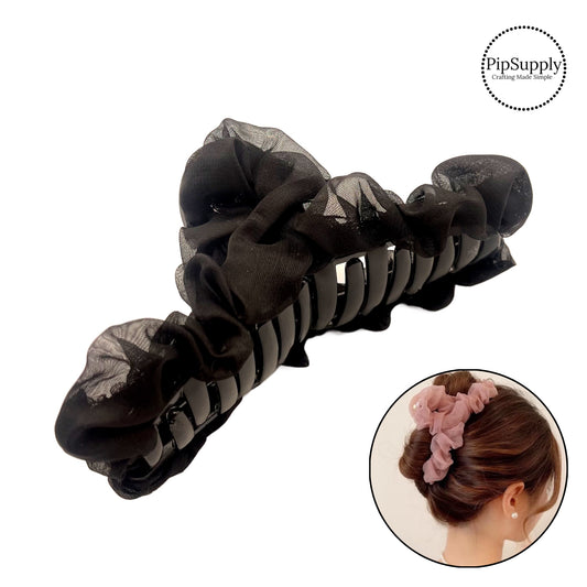 These organza acrylic claw clips are a stylish hair accessory and are perfect for a summer up-do hairstyle. These acrylic clips come with a jaw clip already attached. These ruffle hair clips are ready to wear or to sell to others.