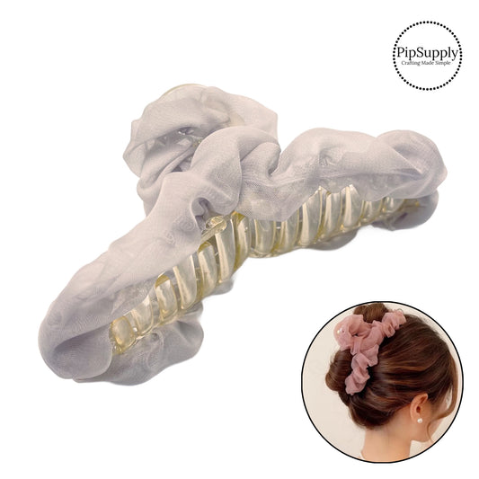 These organza acrylic claw clips are a stylish hair accessory and are perfect for a summer up-do hairstyle. These acrylic clips come with a jaw clip already attached. These ruffle hair clips are ready to wear or to sell to others.