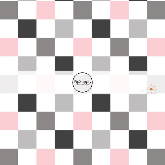 Black, gray, white, and light pink checker print fabric by the yard.