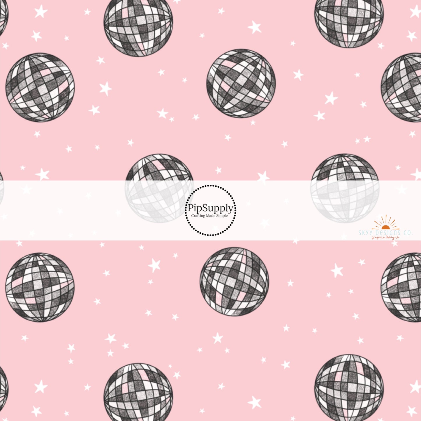 Light Pink Fabric by the yard with silver and black disco balls.