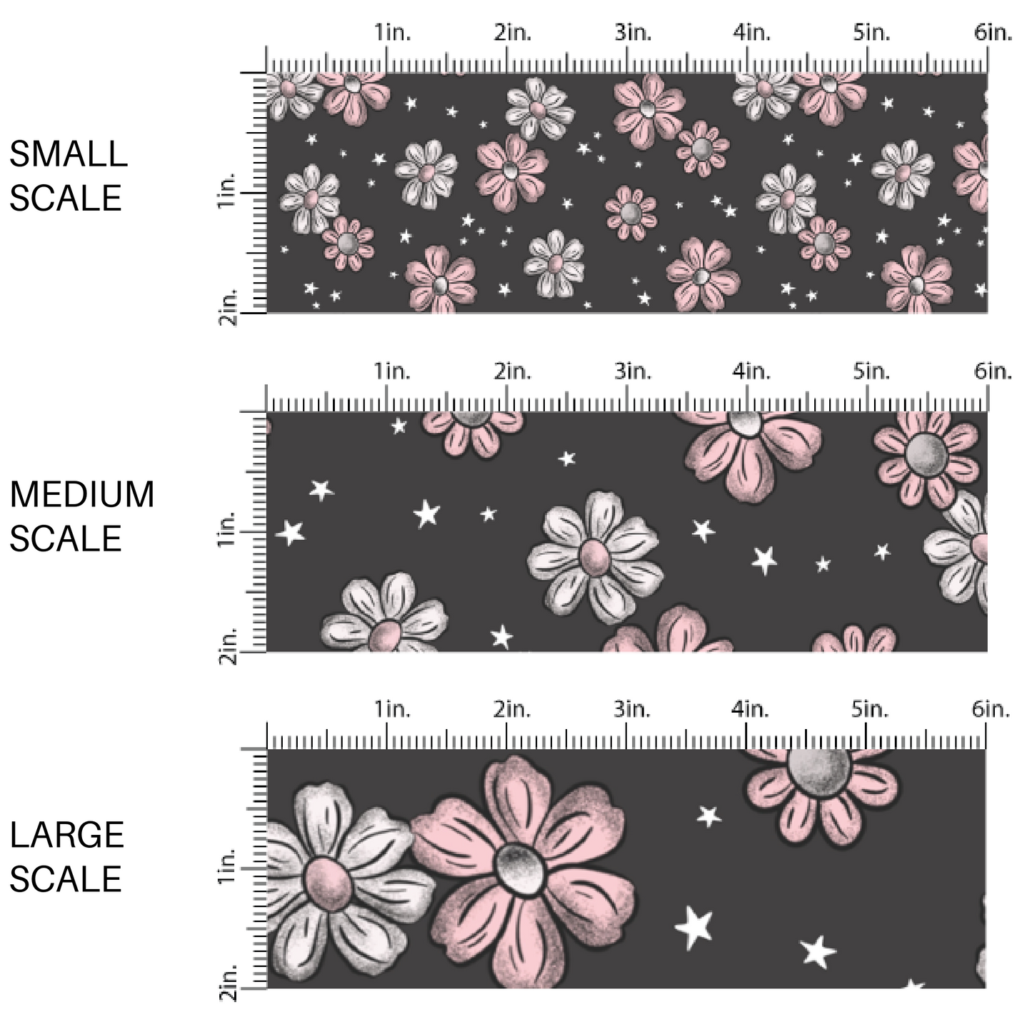 Pink and White Florals and White Stars on Black Fabric by the Yard scaled image guide.