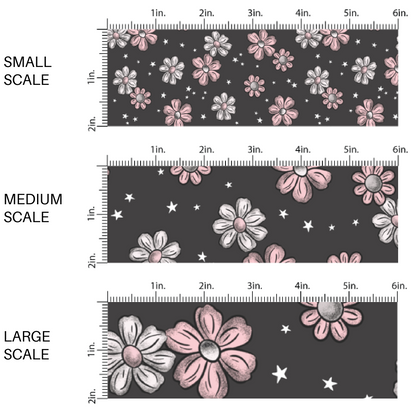 Pink and White Florals and White Stars on Black Fabric by the Yard scaled image guide.